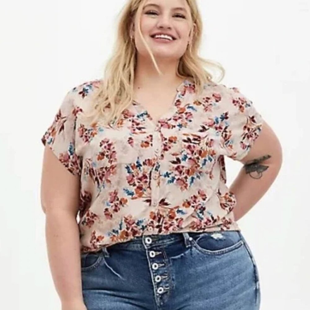 Torrid 00‎ Taupe Floral Challis Button Front Dolman Sleeve Shirt Top Plus Size